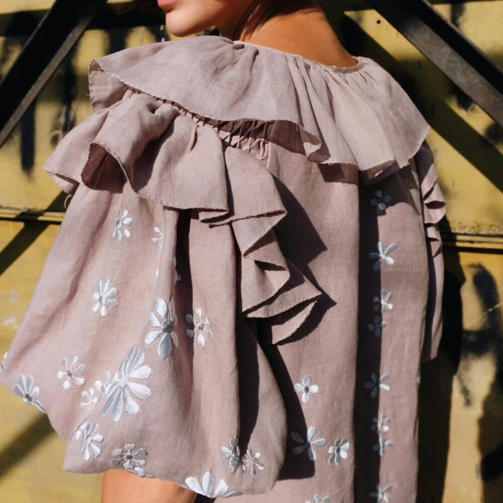 Innika Choi Taupe Linen Embroidered Floral Mini Dress Ruffle